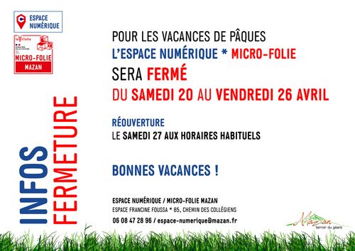 Espace Numérique * Micro-Folie - Fermeture vacances de... Du 20 au 26 avr 2024